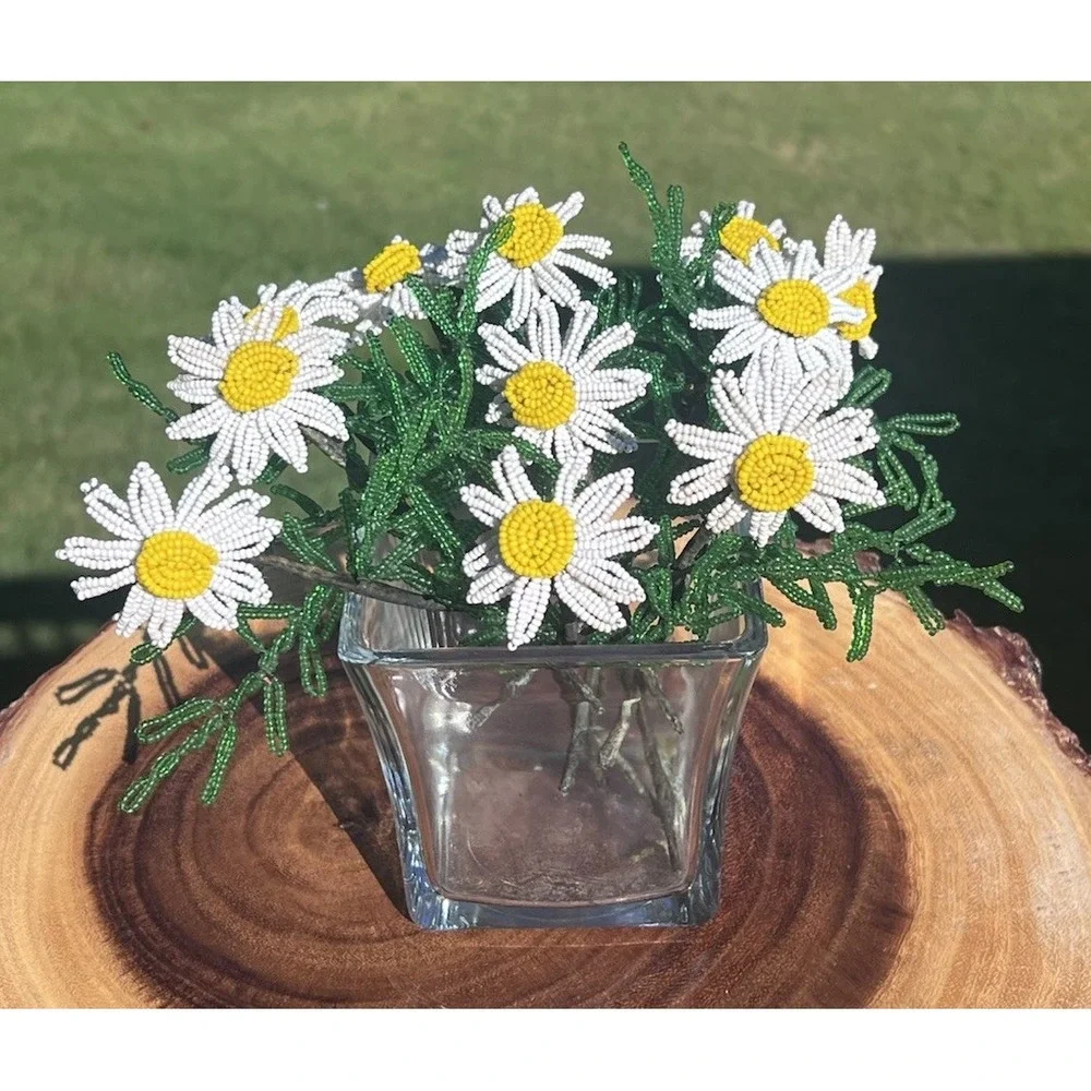 Vintage French Beaded Daisy Flowers 11 Stems Seed Bead Handmade Floral Decor